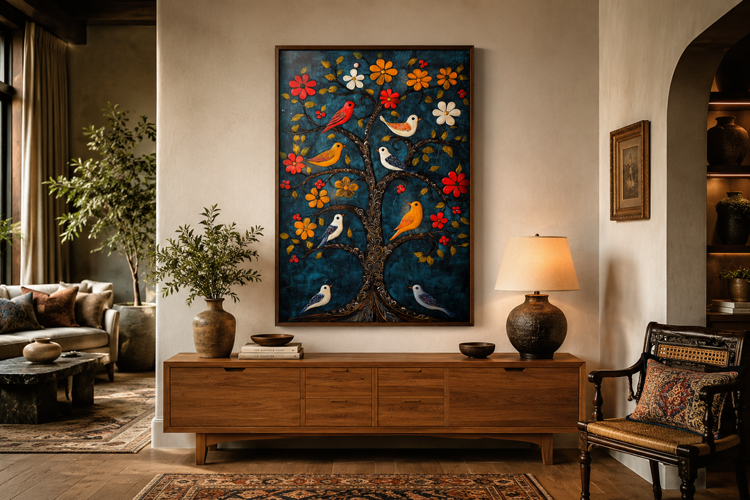 Madhubani Birds In The Tree wall art canvas print with colorful birds and flowers on blue background