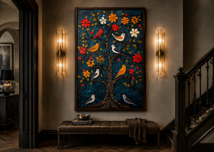 Madhubani Birds In The Tree wall art canvas print with colorful birds and flowers on blue background.