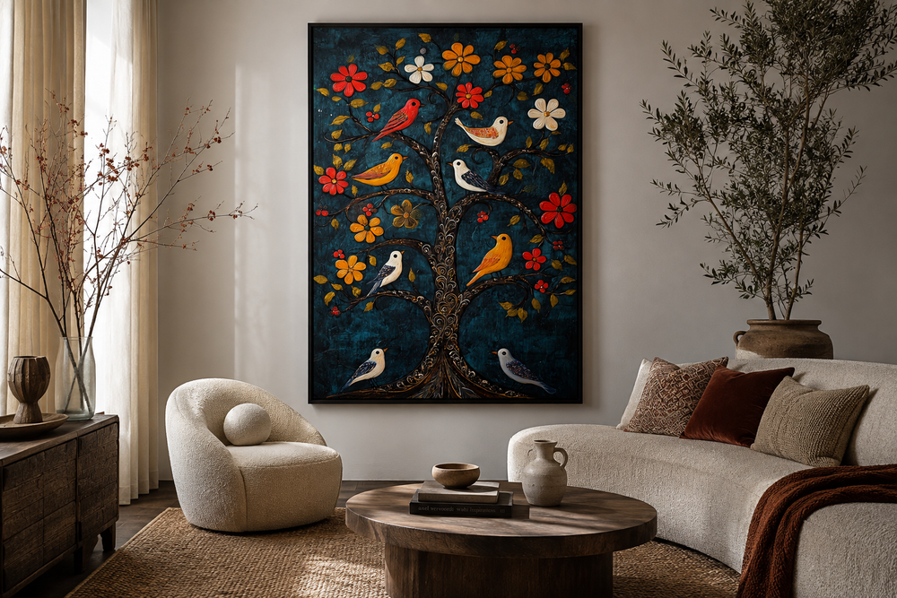 Madhubani Birds In The Tree wall art canvas print featuring colorful birds on a dark blue background.