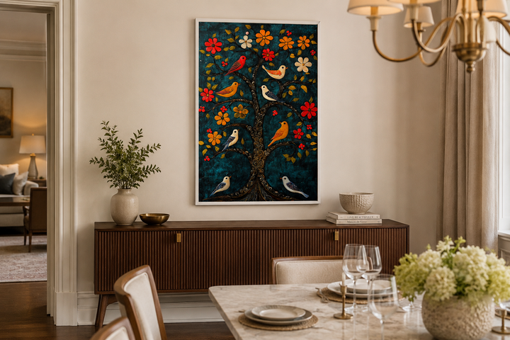 Madhubani Birds In The Tree wall art on a dark blue background above a wooden sideboard.
