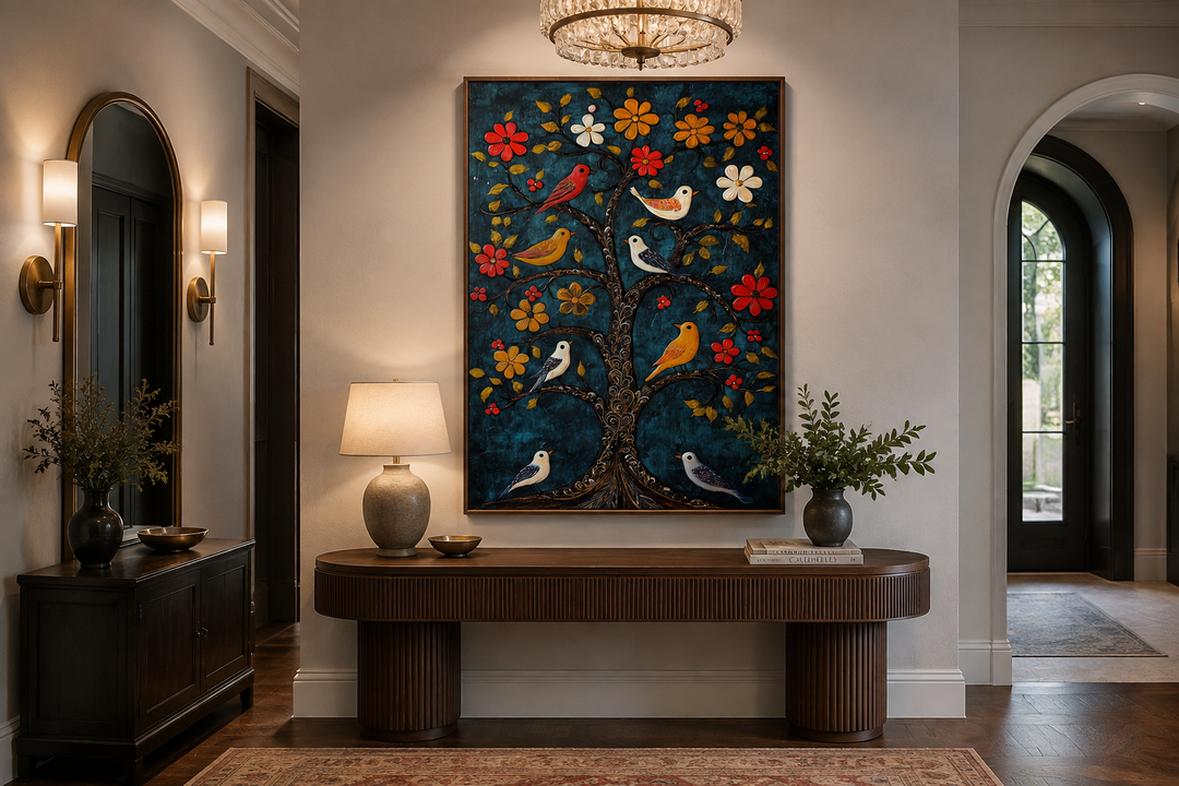 Madhubani Birds in the Tree wall art canvas print with a blue background in a hallway setting.