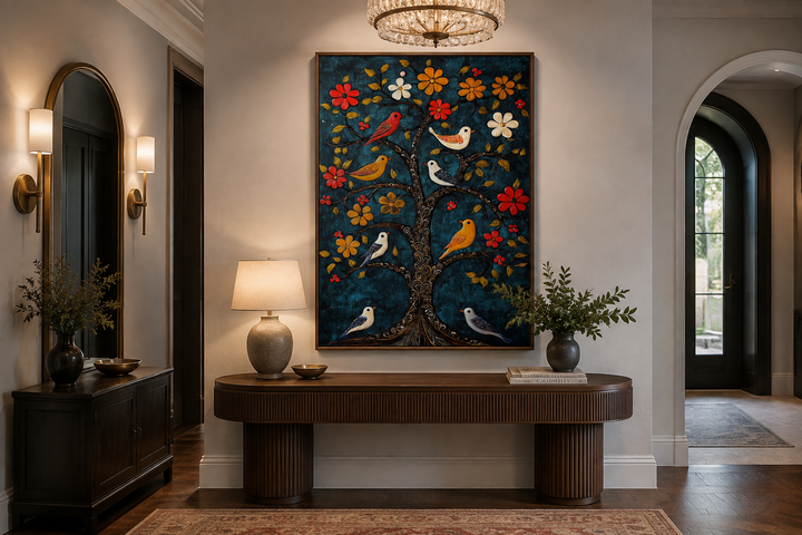 Madhubani Birds in the Tree wall art canvas print with a blue background in a hallway setting.
