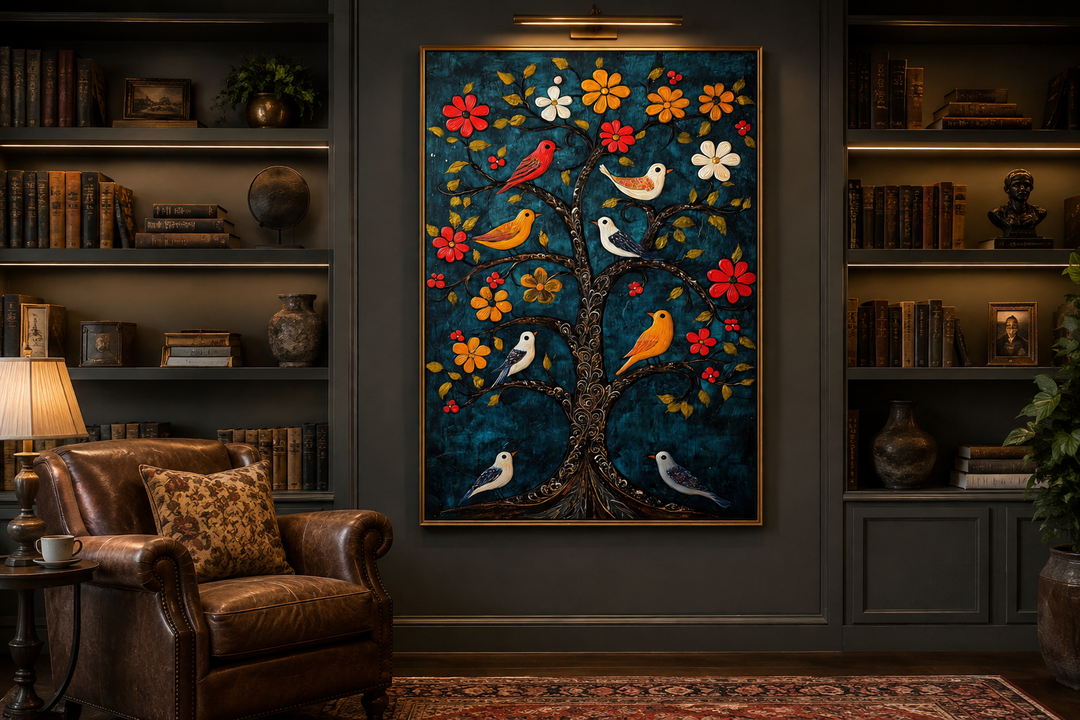 Madhubani Birds In The Tree wall art canvas print featuring colorful birds on a blue background.