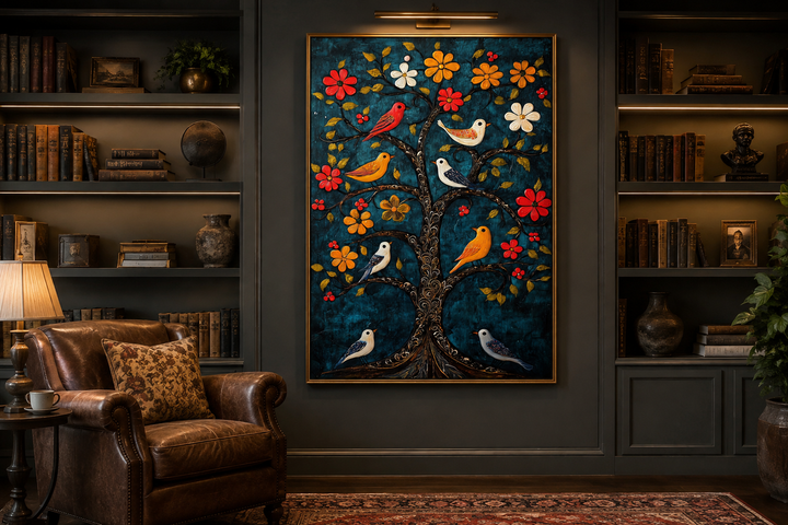 Madhubani Birds In The Tree wall art canvas print featuring colorful birds on a blue background.