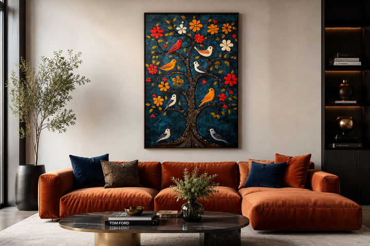 Madhubani Birds In The Tree wall art canvas print above an orange sofa in a modern living room.