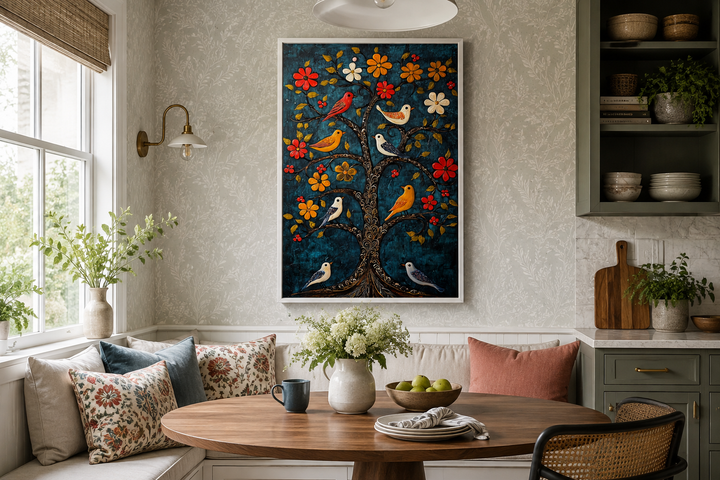 Madhubani Birds In The Tree wall art canvas print featuring colorful birds on a blue background.