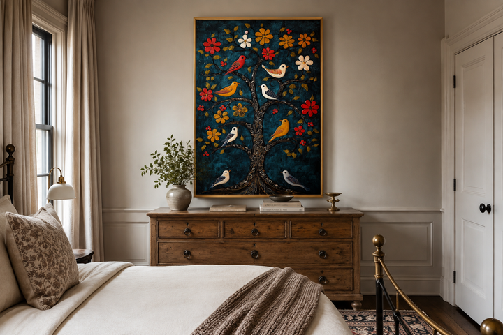 Madhubani Birds In The Tree wall art canvas print above a wooden dresser in a bedroom.