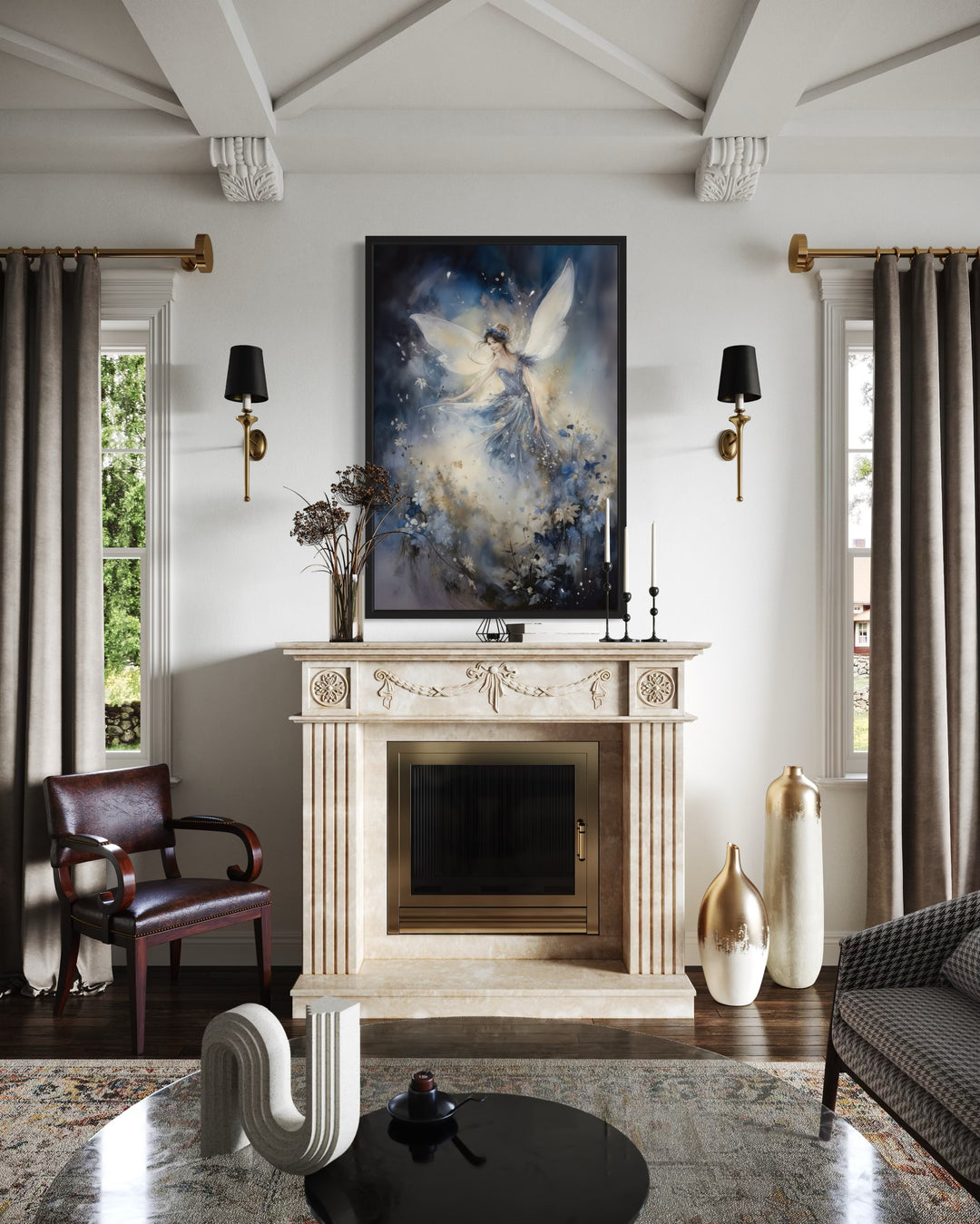 Vertical wall art of a fairy dancing in an enchanted forest, hanging above a marble fireplace.