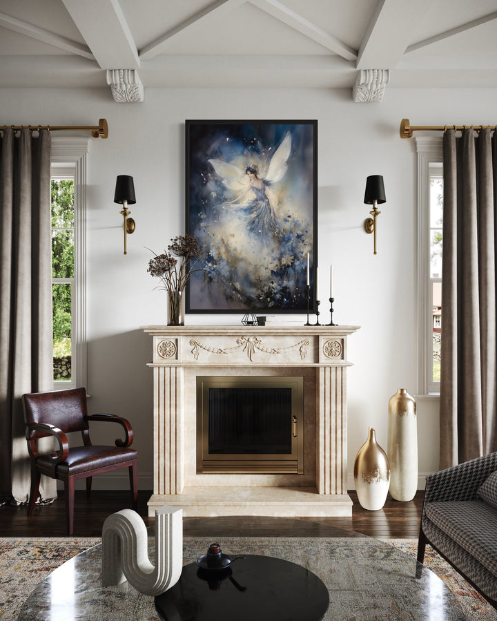 Vertical wall art of a fairy dancing in an enchanted forest, hanging above a marble fireplace.