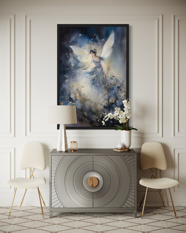 Magical fairy dancing in an enchanted forest wall art displayed above a modern grey sideboard.