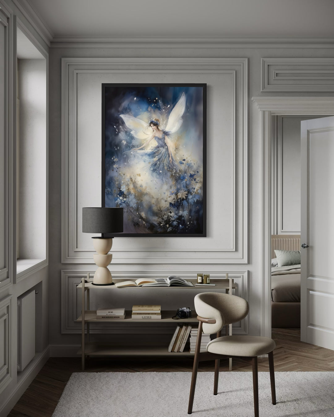 Magical fairy dancing in an enchanted forest wall art in a black frame above a console table.