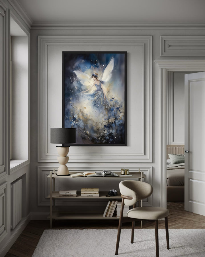 Magical fairy dancing in an enchanted forest wall art in a black frame above a console table.