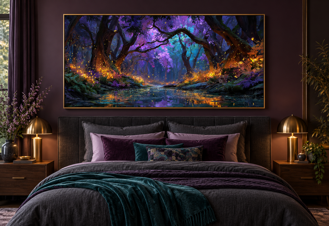 Magical firefly forest at night framed canvas wall art hanging above a bed in a dark bedroom.