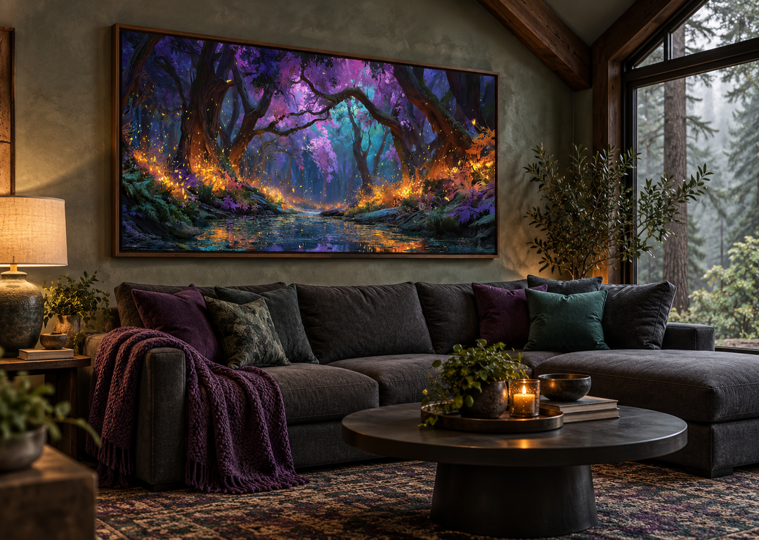 Magical Firefly Forest framed canvas wall art above a dark sofa in a cozy, rustic living room.