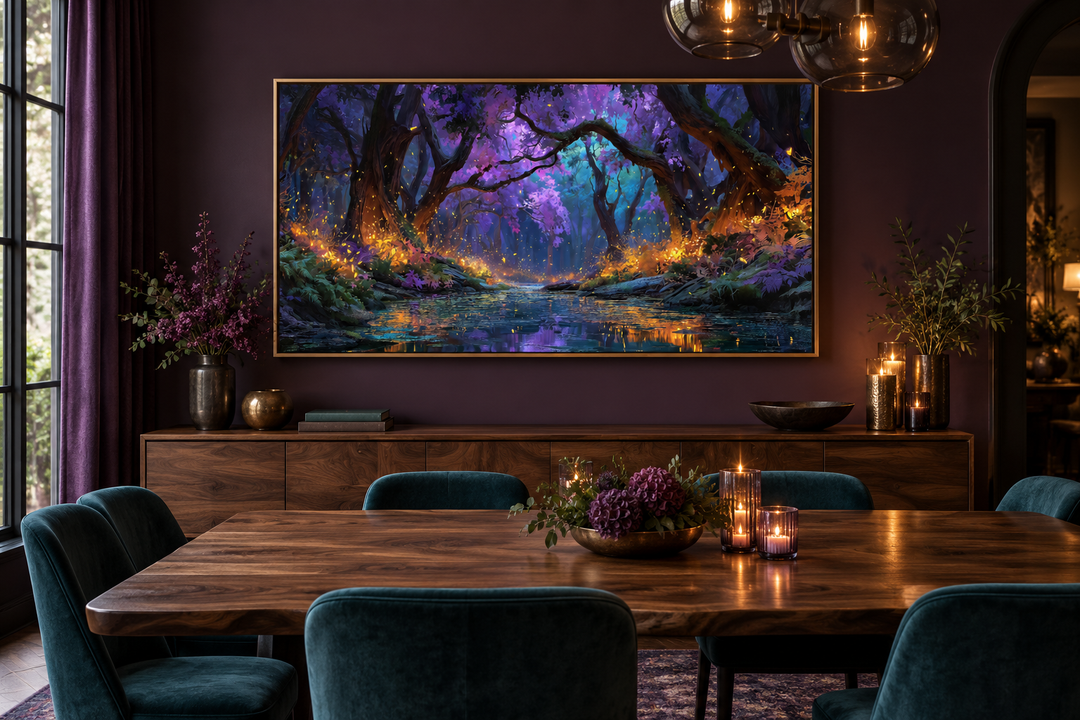 Magical Firefly Forest At Night framed canvas wall art hanging above a wooden sideboard.