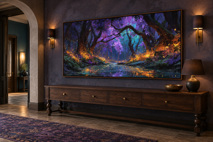 Framed canvas art of a glowing firefly forest at night above a dark wood console table.