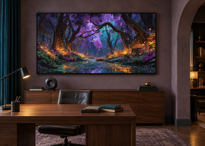 Magical Firefly Forest framed canvas wall art above a desk in a modern home office setting.