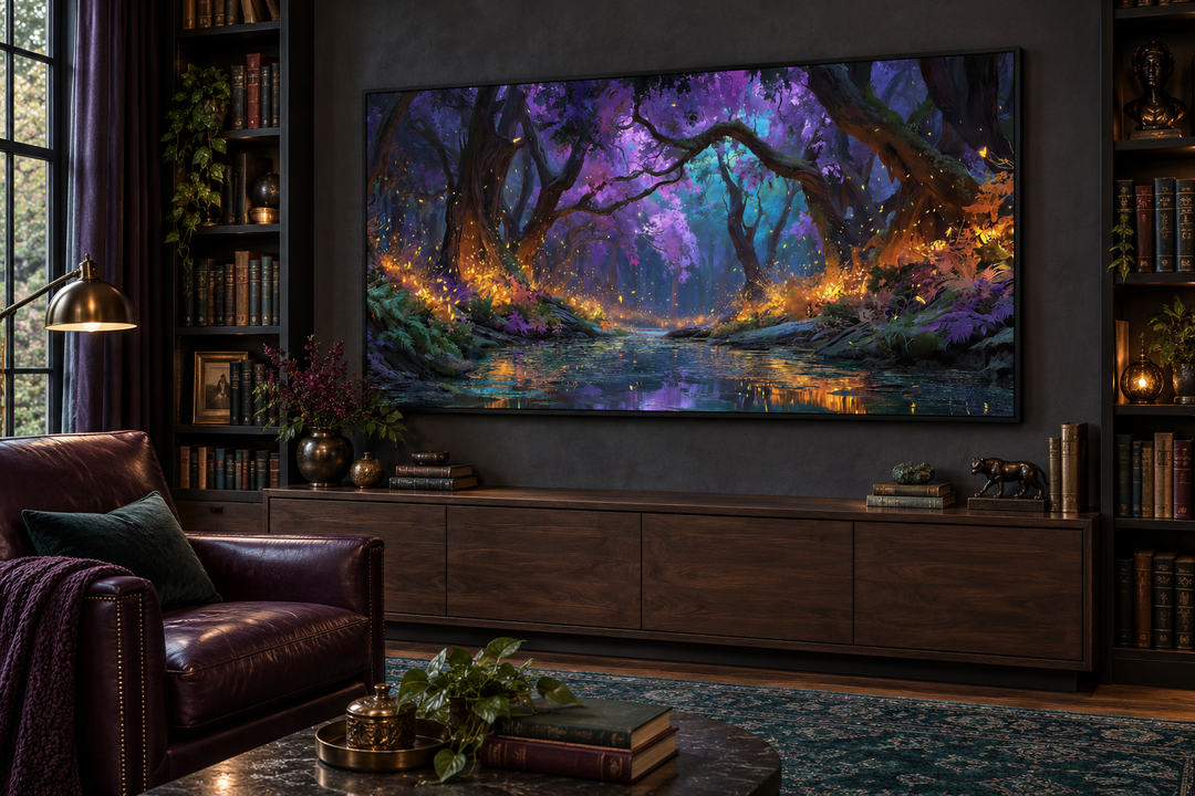 Magical Firefly Forest At Night Framed Canvas Wall Art in a dark library setting.