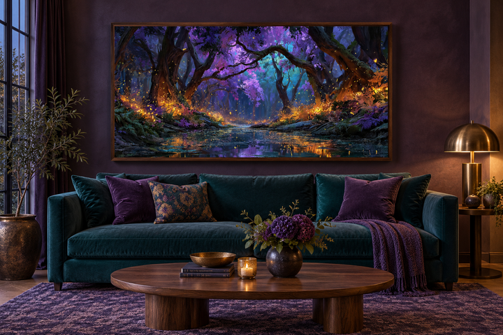 Magical firefly forest at night framed canvas wall art above a teal sofa in a living room.