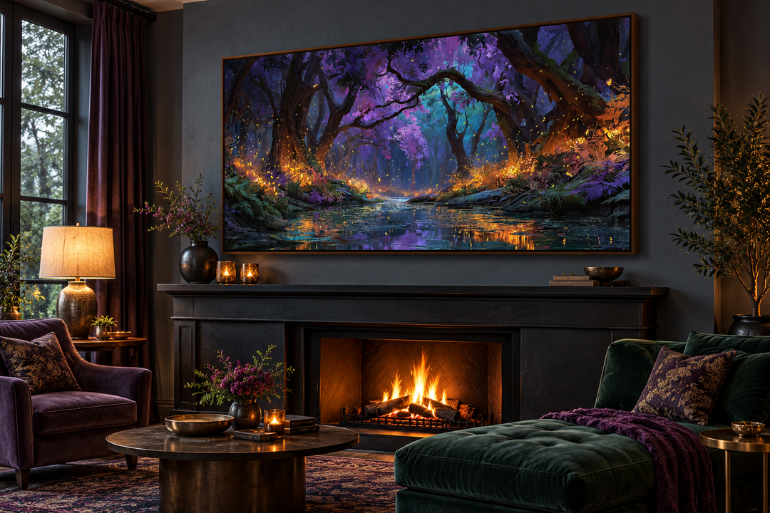 Framed canvas wall art of a magical firefly forest at night above a fireplace in a cozy lounge.