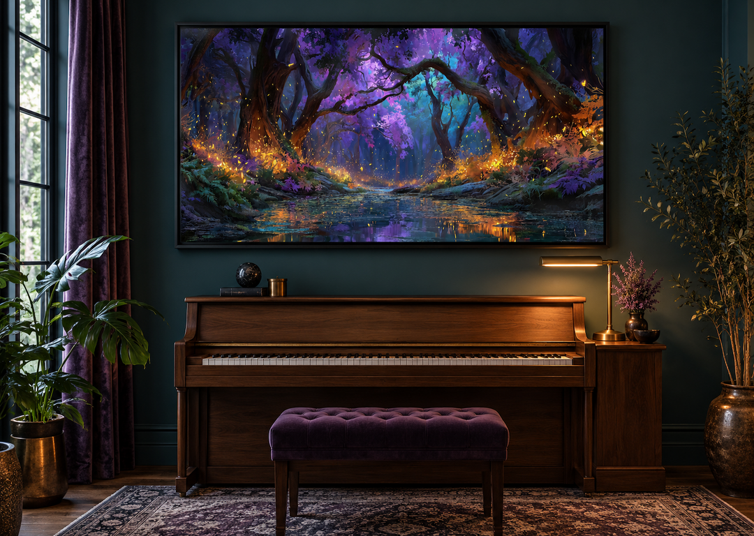 Magical Firefly Forest framed canvas art hanging above a piano in a dark, moody room.