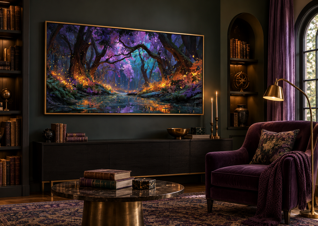 Magical Firefly Forest framed canvas wall art in a gold frame above a dark wood console table.