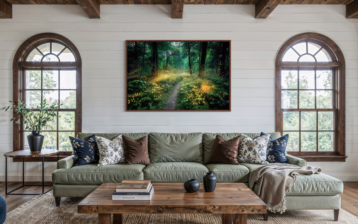 Magical Forest Illuminated by Fireflies Framed Canvas Wall Art
