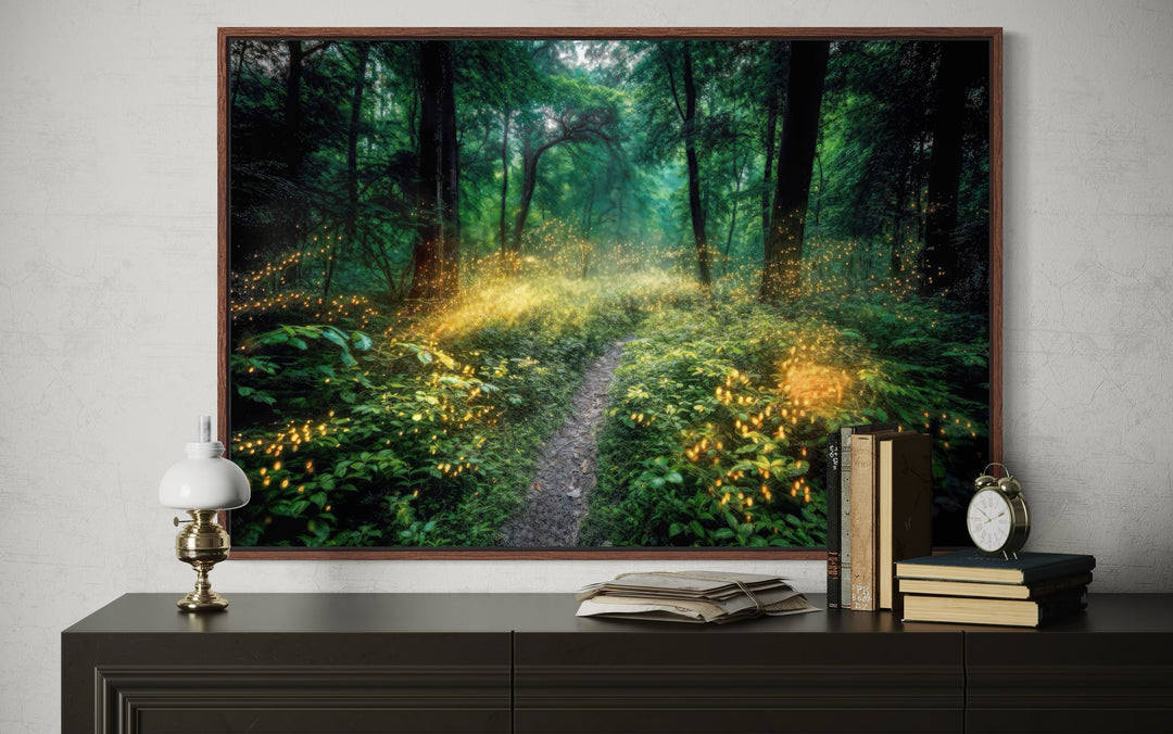 Magical Forest Illuminated by Fireflies Framed Canvas Wall Art