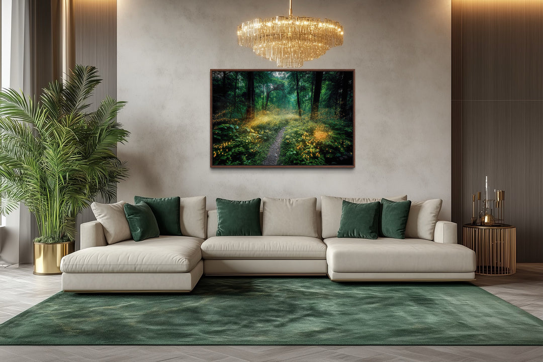 Magical Forest Illuminated by Fireflies Framed Canvas Wall Art