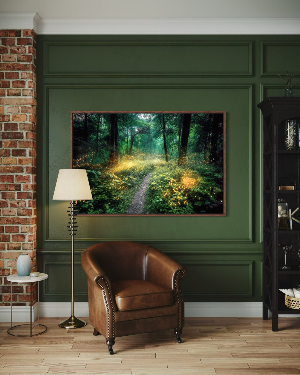 Magical Forest Illuminated by Fireflies Framed Canvas Wall Art