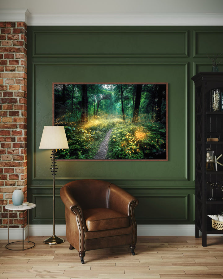 Magical Forest Illuminated by Fireflies Framed Canvas Wall Art