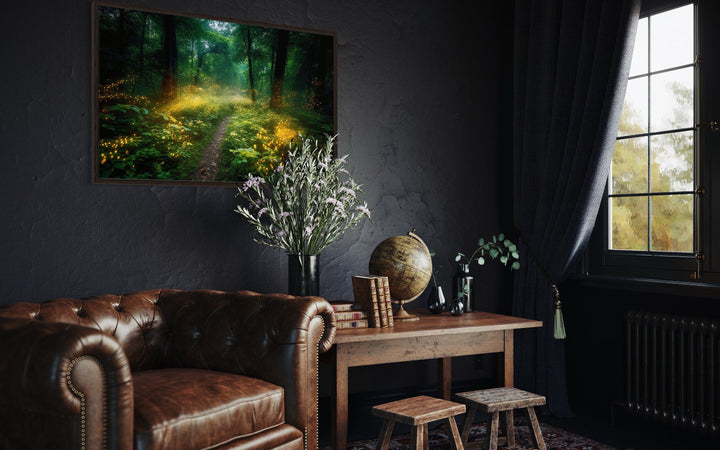 Magical Forest Illuminated by Fireflies Framed Canvas Wall Art