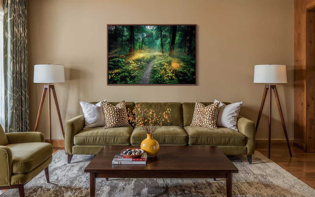 Magical Forest Illuminated by Fireflies Framed Canvas Wall Art