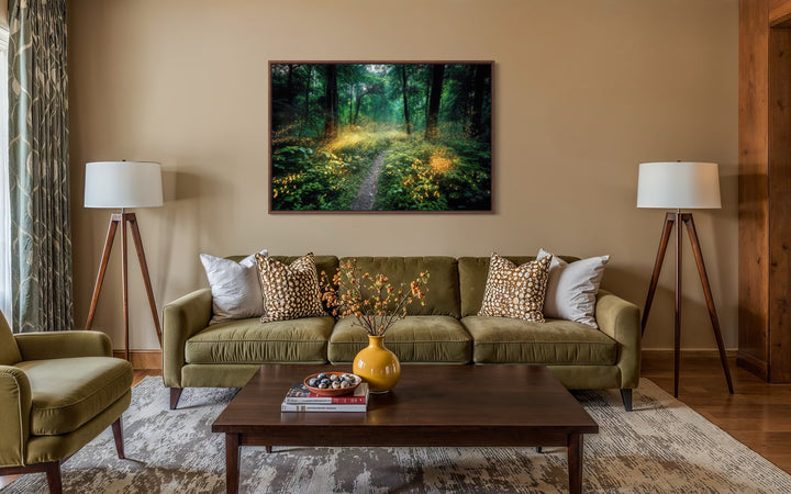 Magical Forest Illuminated by Fireflies Framed Canvas Wall Art