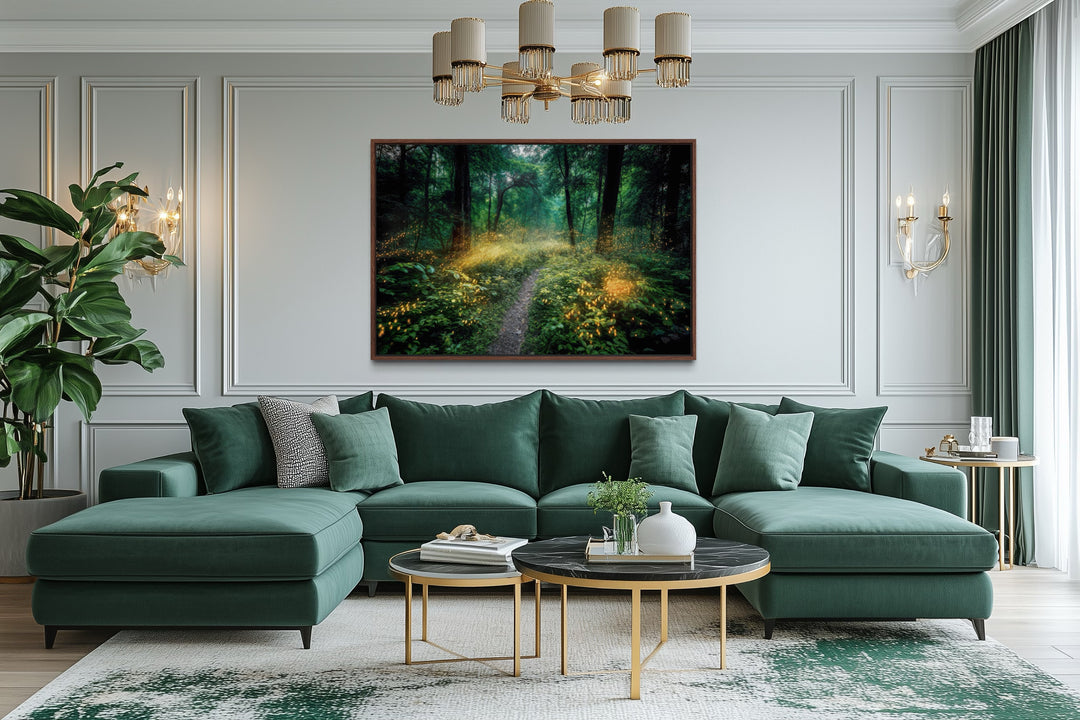 Magical Forest Illuminated by Fireflies Framed Canvas Wall Art