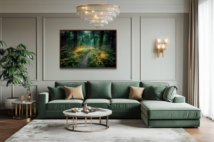Magical Forest Illuminated by Fireflies Framed Canvas Wall Art