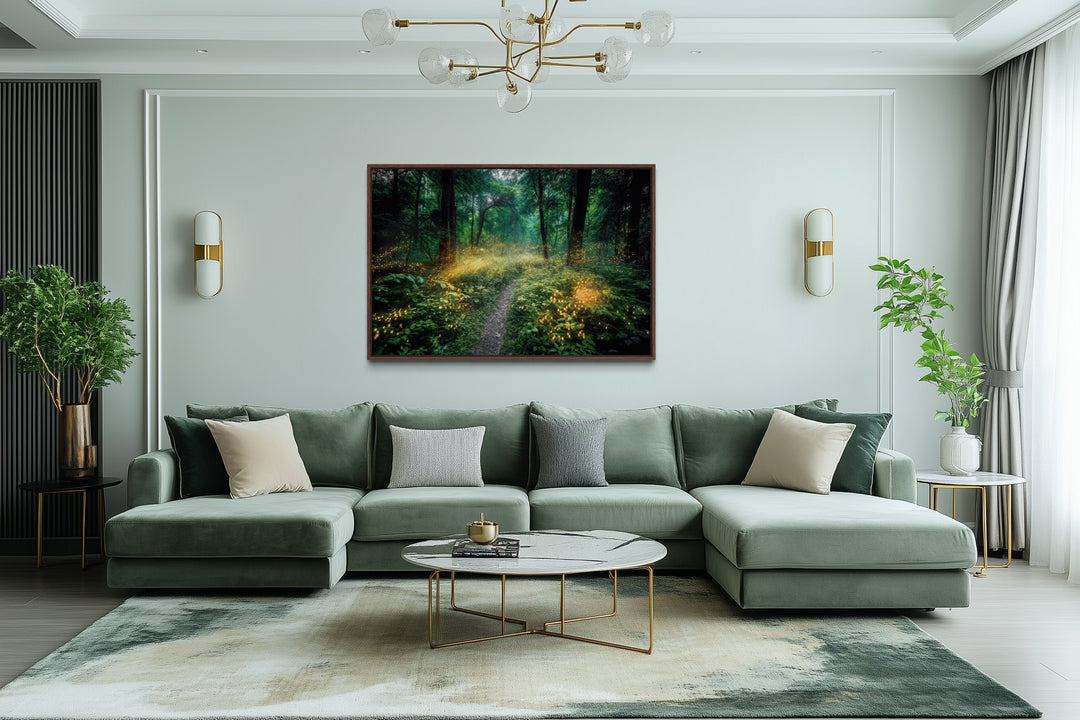 Magical Forest Illuminated by Fireflies Framed Canvas Wall Art