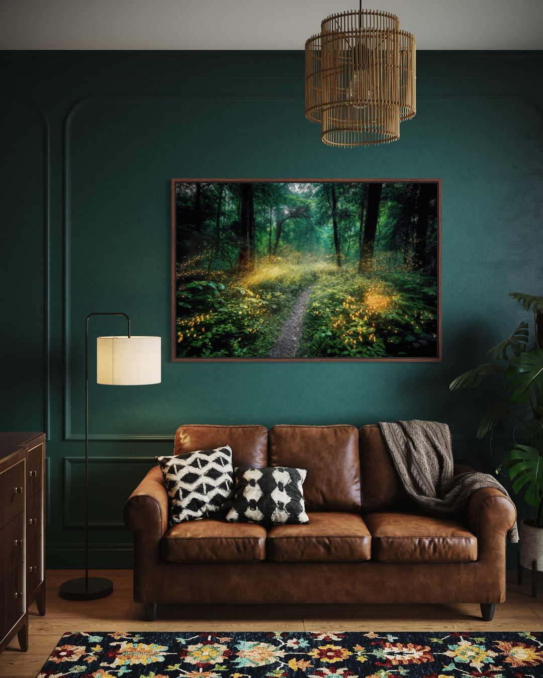 Magical Forest Illuminated by Fireflies Framed Canvas Wall Art