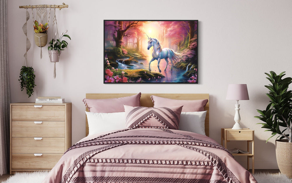 Magical Unicorn Framed Canvas Wall Art above pink bed