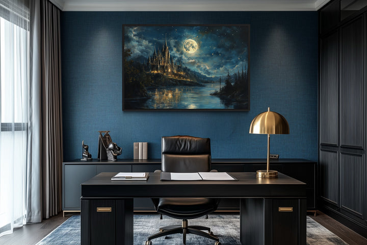 Magical Wizard Castle At Night Framed Canvas Wall Art