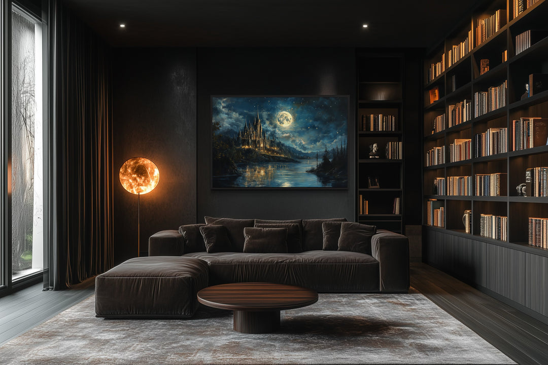 Magical Wizard Castle At Night Framed Canvas Wall Art