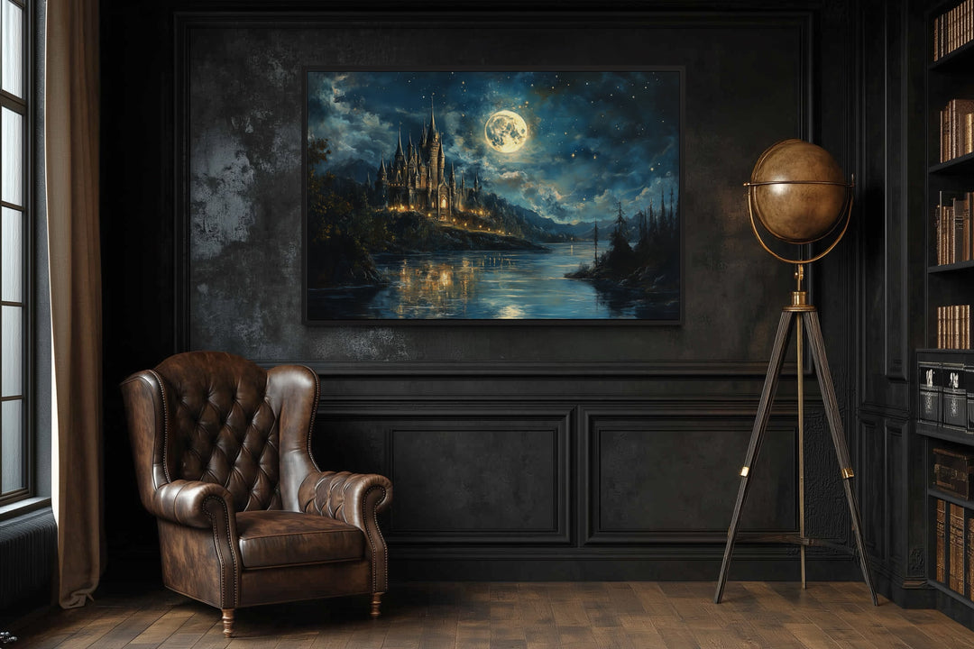 Magical Wizard Castle At Night Framed Canvas Wall Art