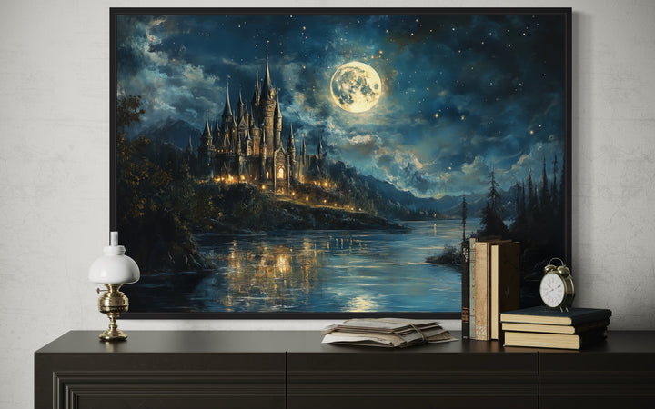 Magical Wizard Castle At Night Framed Canvas Wall Art
