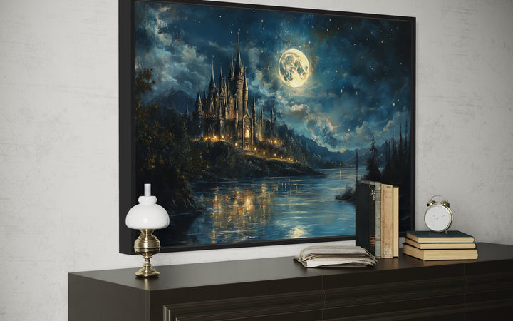Magical Wizard Castle At Night Framed Canvas Wall Art