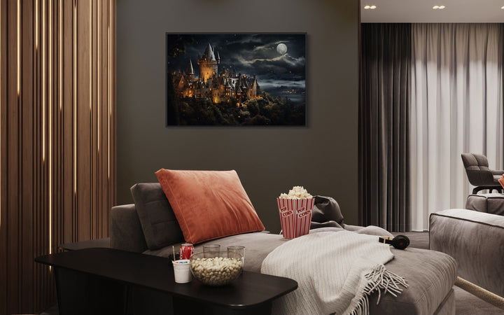 Magical Wizard Castle At Night Framed Canvas Wall Art