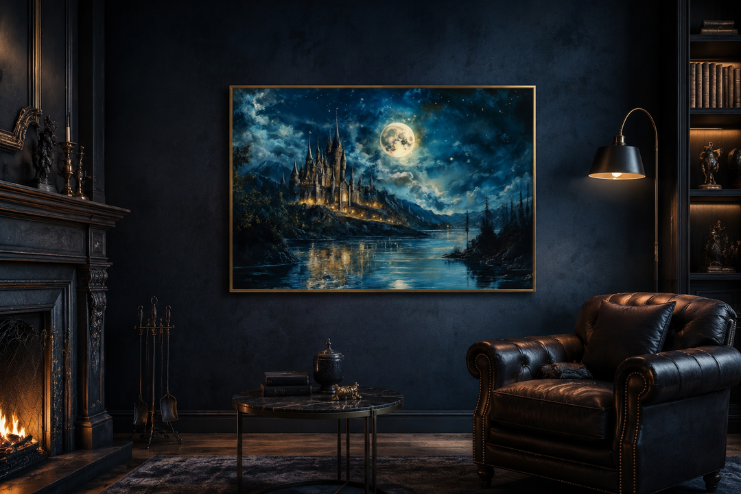 Framed canvas wall art of a magical wizard castle at night with a full moon over a lake.