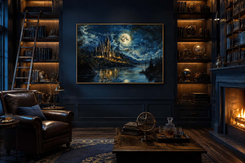 Framed canvas wall art of a magical wizard castle at night with a full moon in a dark library.
