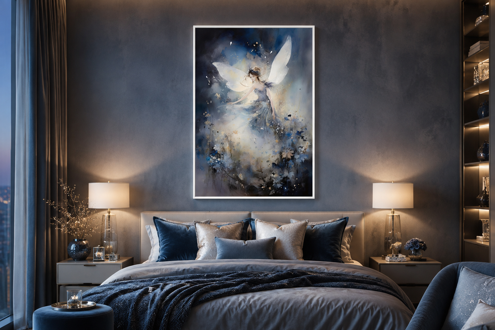 Vertical canvas wall art of a magical fairy dancing in an enchanted forest above a bed.
