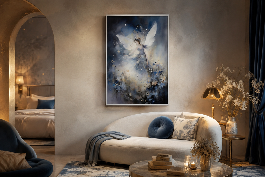 Vertical canvas wall art of a magical fairy dancing in an enchanted forest above a white sofa.