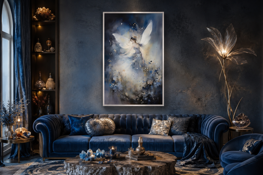 Vertical canvas wall art of a fairy dancing in an enchanted forest above a blue velvet sofa.
